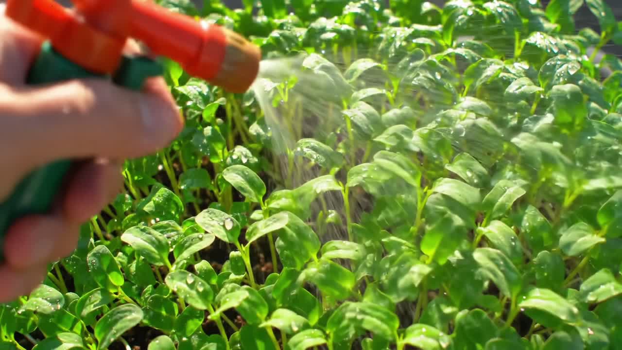 A Close-Up of Watering Fresh Green Seedlings with a Handheld Spray Nozzle, Highlighting the Lush Foliage and Reflective Water Droplets in Bright Natural Light