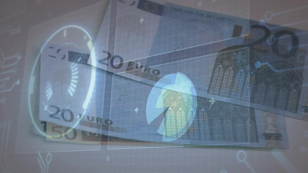 20-Euro-Scheine gleiten und rotieren, nachdem das Hologramm aufleuchtet und ein Sicherheitsmerkmal sichtbar wird.