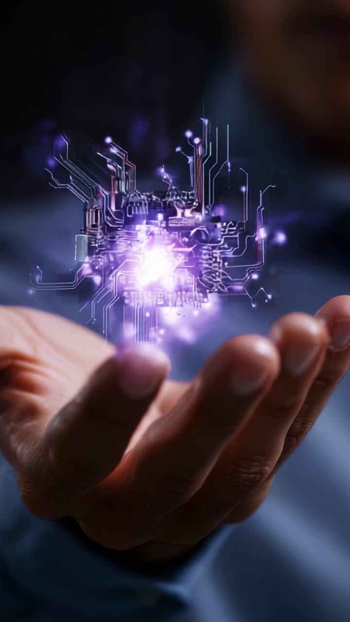 Una scheda madre illuminata tra le mani: esplorare il futuro della tecnologia e dell'innovazione con una brillante dimostrazione di elettronica avanzata e interfacce digitali