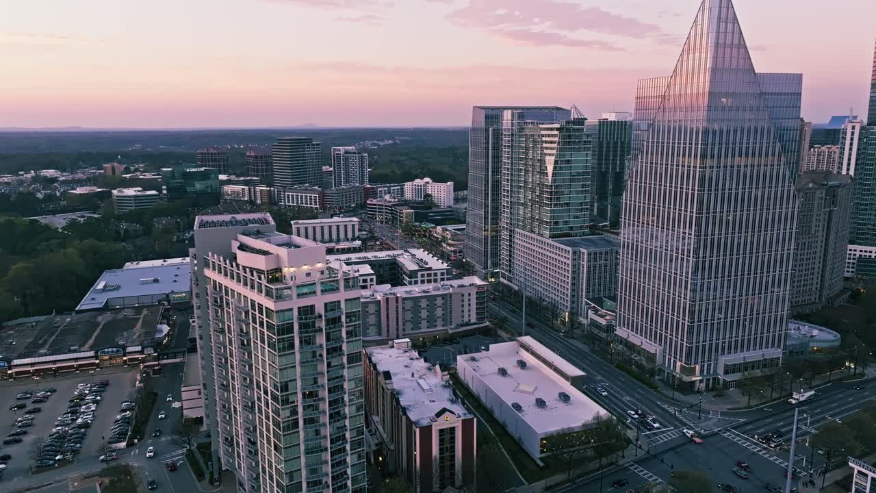 Aerial cityscape of Atlanta’s Buckhead office building area surrounded by residential and commerical skyscrapers