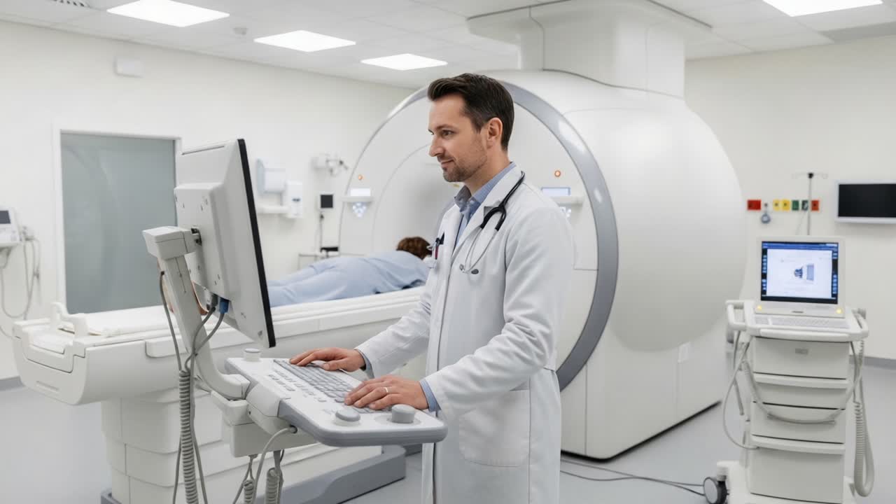 Un medico utilizza la tecnologia MRI per esaminare un paziente in un ambiente clinico, dimostrando l'importanza dell'imaging avanzato nell'assistenza sanitaria moderna