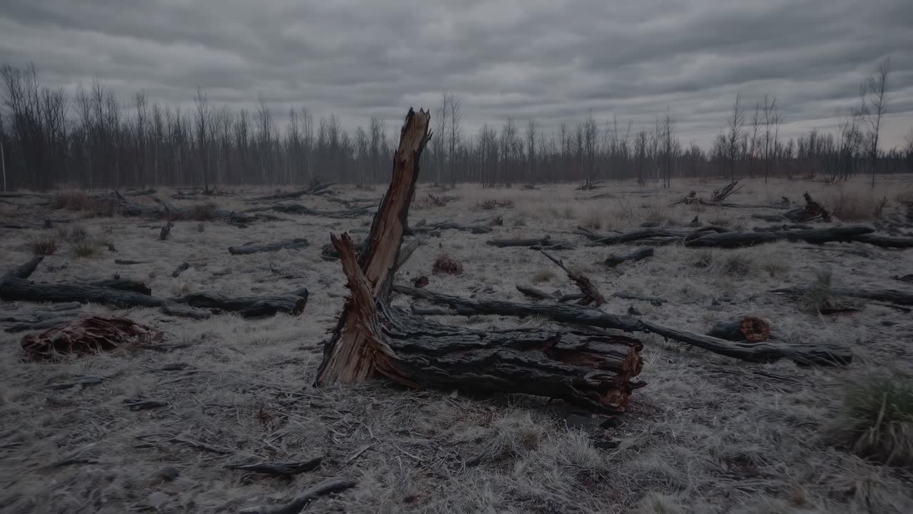 Video grandangolare di un paesaggio desolato e brullo con alberi caduti sotto un cielo nuvoloso.