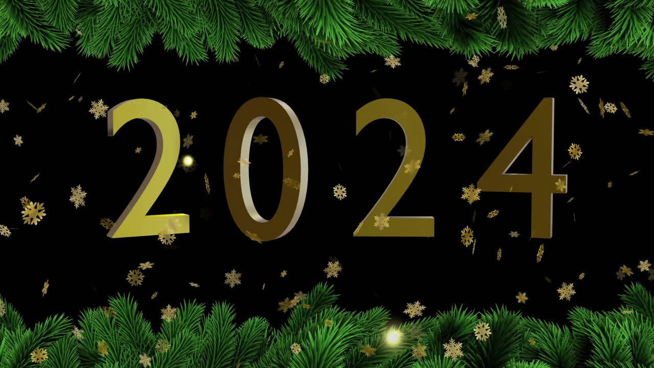 animación de 2024, copos de nieve y ramas de abeto en fondo negro