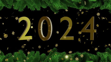animación de 2024, copos de nieve y ramas de abeto en fondo negro
