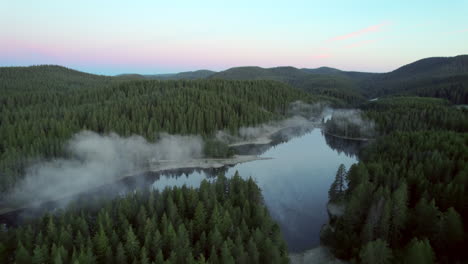 Schöner-Klarer-Bergsee-Mit-Nebel-Darüber-Und-Umgeben-Von-Nadelwald