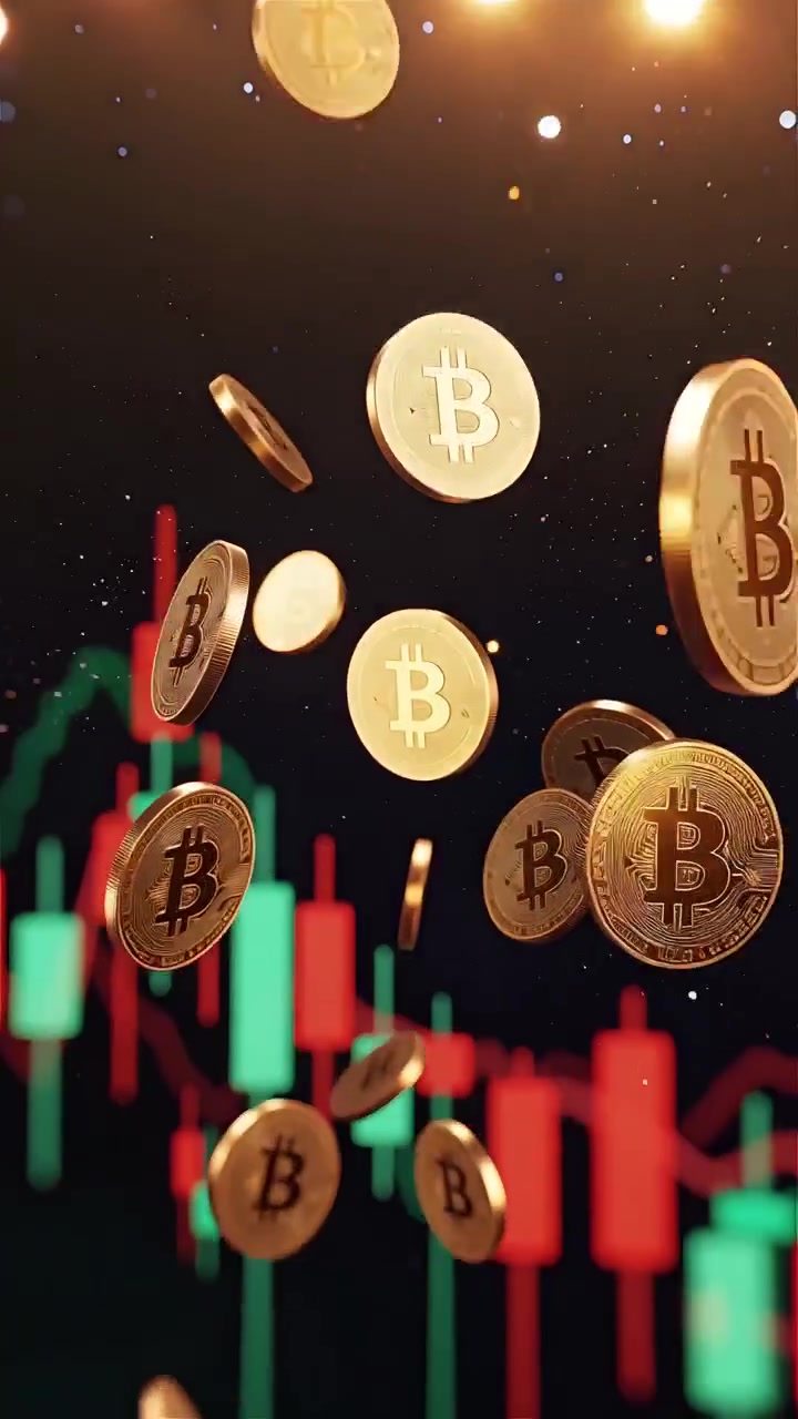 Moedas de Bitcoin douradas com fundo de gráfico de velas desfocado 4K