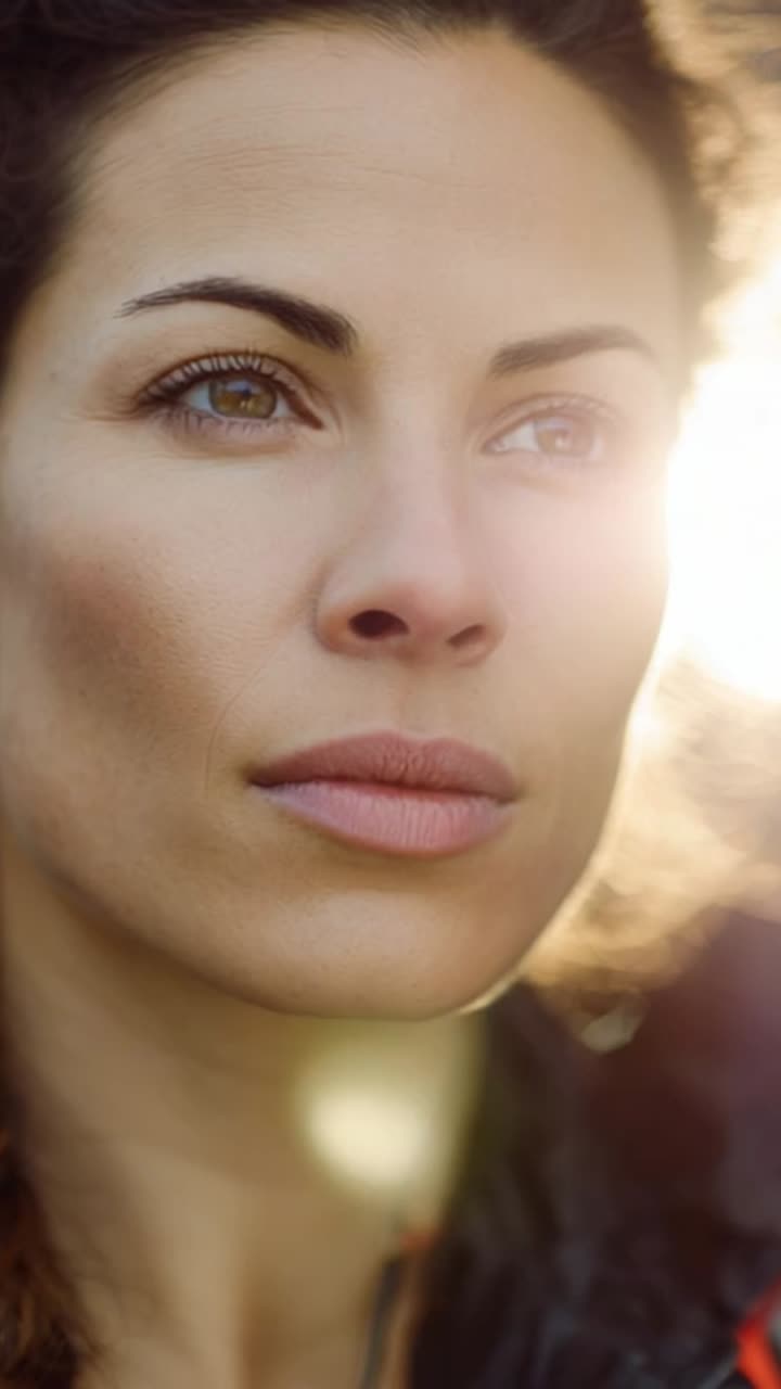 A captivating portrait of a thoughtful woman with natural beauty and radiant skin, gazing into the distance with the soft glow of sunlight illuminating her face