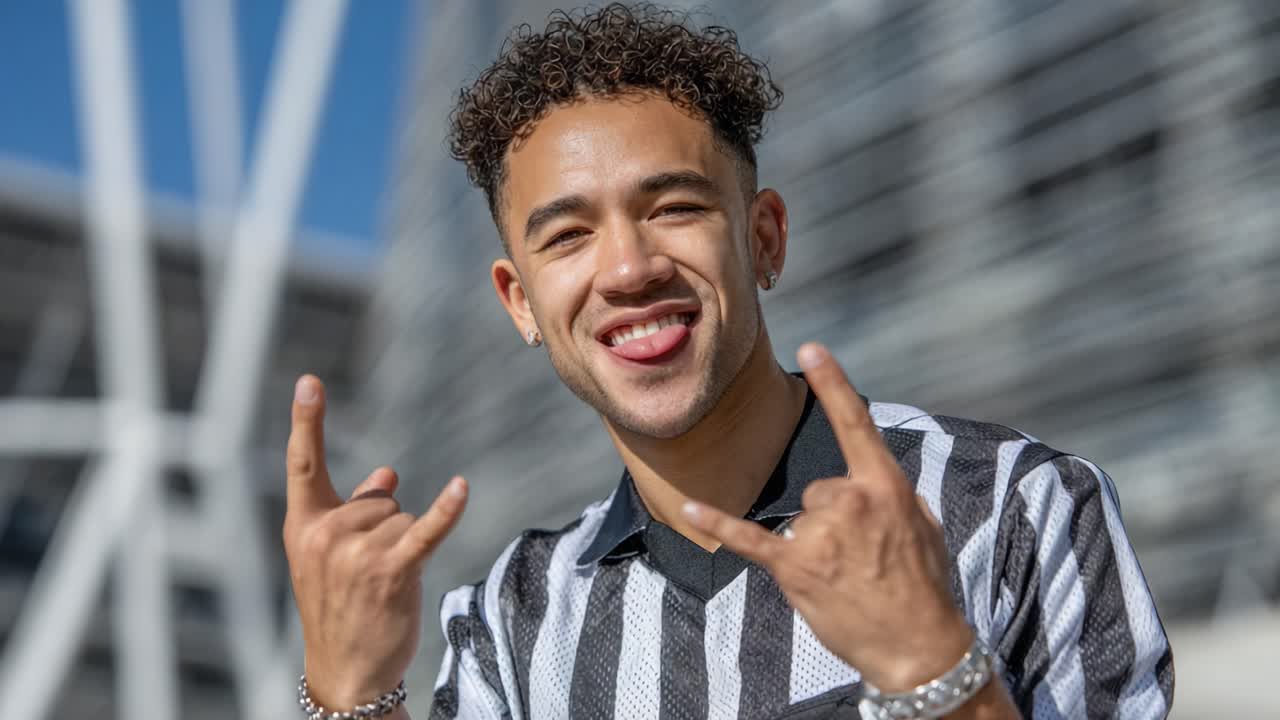 Joven con cabello rizado muestra expresiones juguetonas a través de gestos con las manos y sonrisas, exudando confianza y alegría sobre un telón de fondo arquitectónico moderno.
