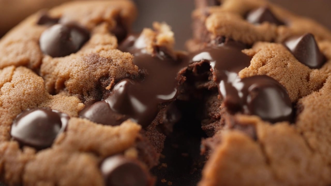 Close-up van een warm chocolade chip koekje dat uit elkaar wordt getrokken