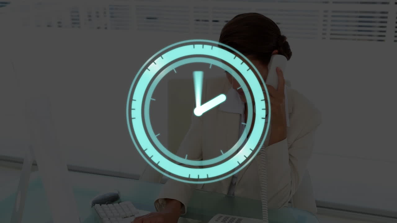 Animation of digital clock over caucasian woman talking on phone and working on computer in office