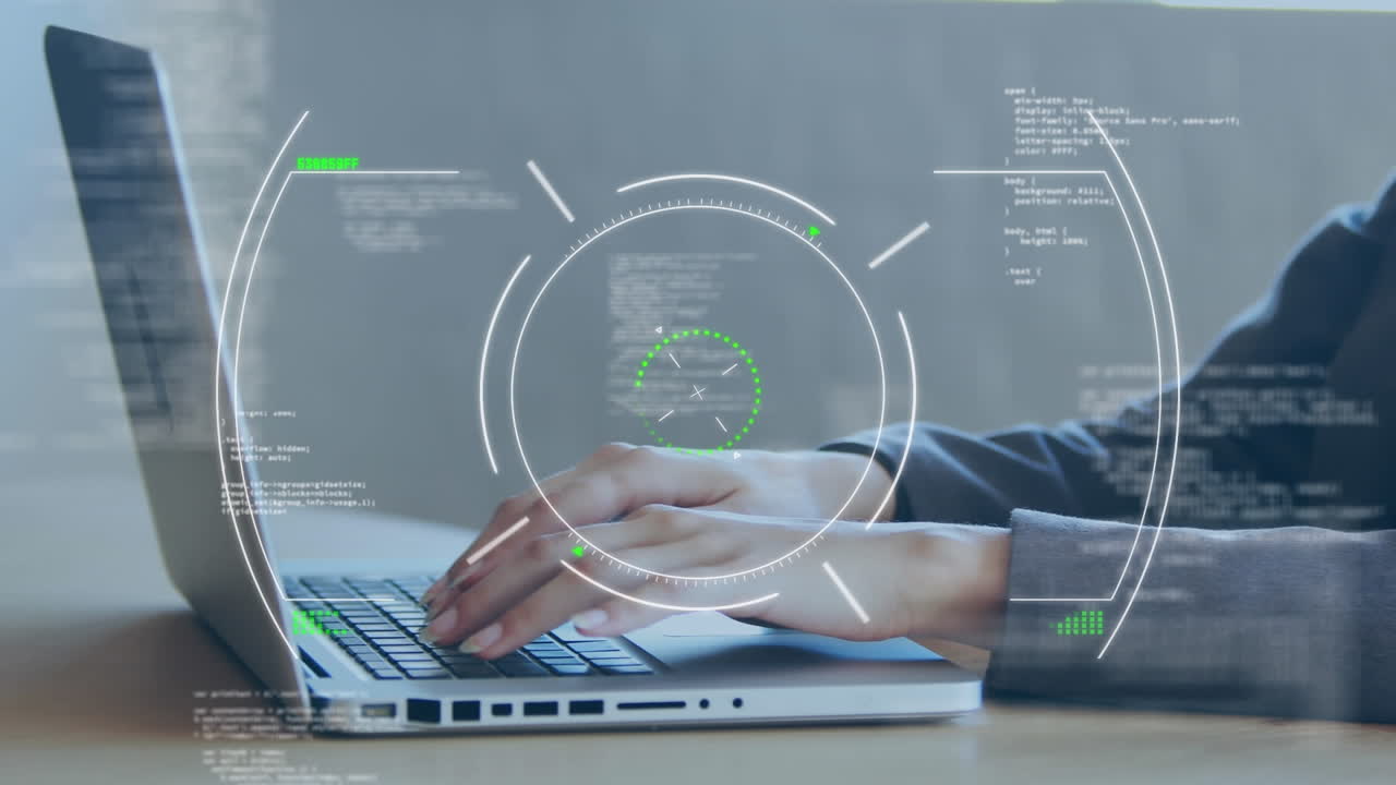 Animation of scope scanning and data processing over mid section of businesswoman using laptop