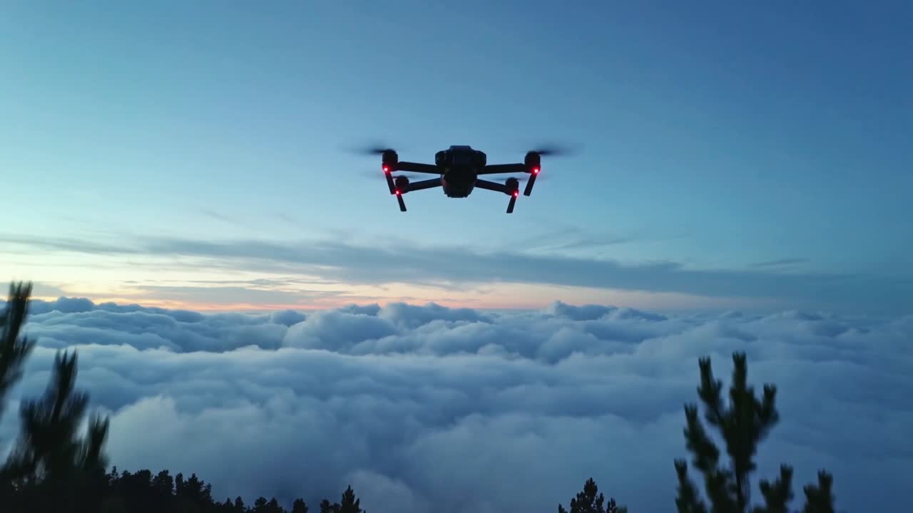 Opsender drone, der stiger op fra træer mod skydækket for at få udsigt ved daggry, med snurrende rotorer og røde lys.