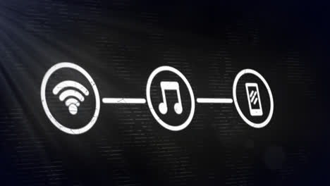 animation of network of connections over digital icons and light spot against black background