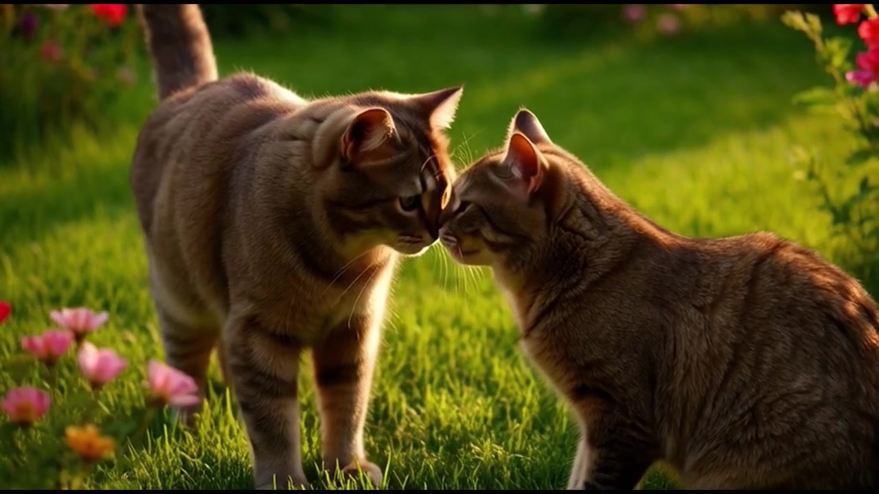 Due gatti soriani che si toccano il naso in un giardino soleggiato.