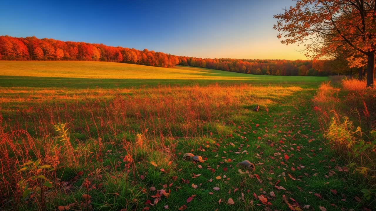 A Tranquil Autumn Landscape Captured in Vivid Colors as Leaves Dance in the Wind, Showcasing the Beauty of Nature During the Fall Season