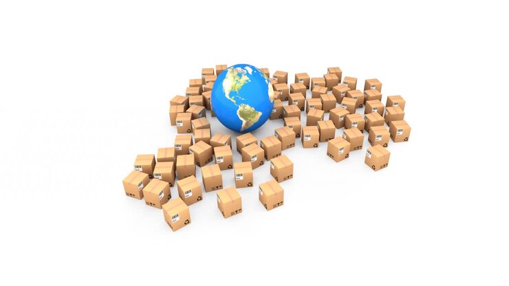 Animation of globe and multiple cardboard boxes moving on white background