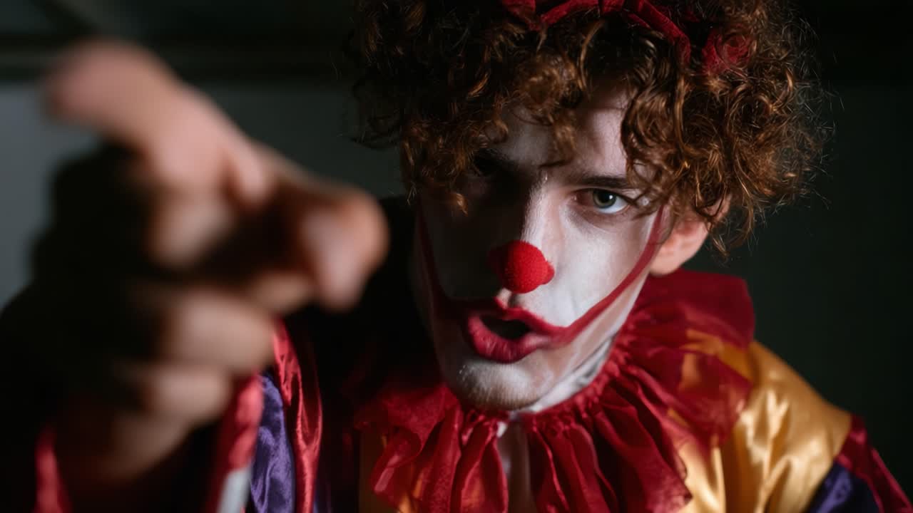 Intense Clown Performance: An Eerie Transformation Captured in Two Stark Frames, Showcasing a Clown's Dramatic Expression and Engaging Stance Towards the Audience