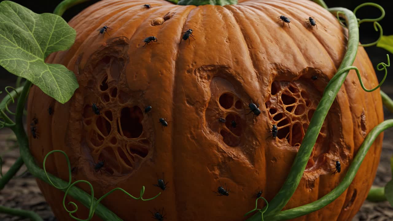 A Close-Up View of a Decomposing Pumpkin Infested with Insects, Showcasing Intricate Patterns and Green Tendrils Wrapping Around Its Surface
