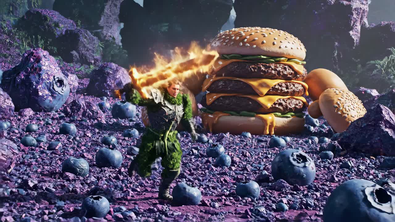 Fantasy warrior fighting burgers with a fiery sword