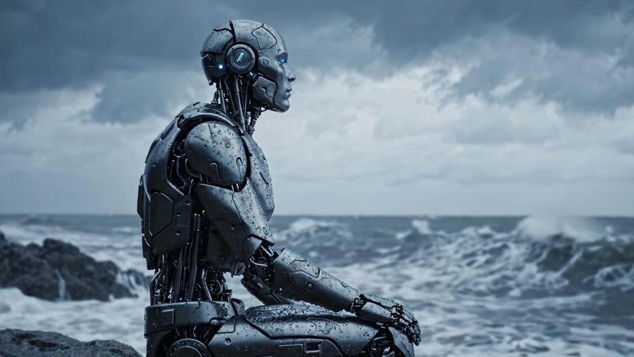 Un Robot Sombre Contemple la Mer Orageuse, Capturé en Deux Cadres Montrant son État Mélancolique au Milieu des Vagues Turbulentes et des Cieux Sombres