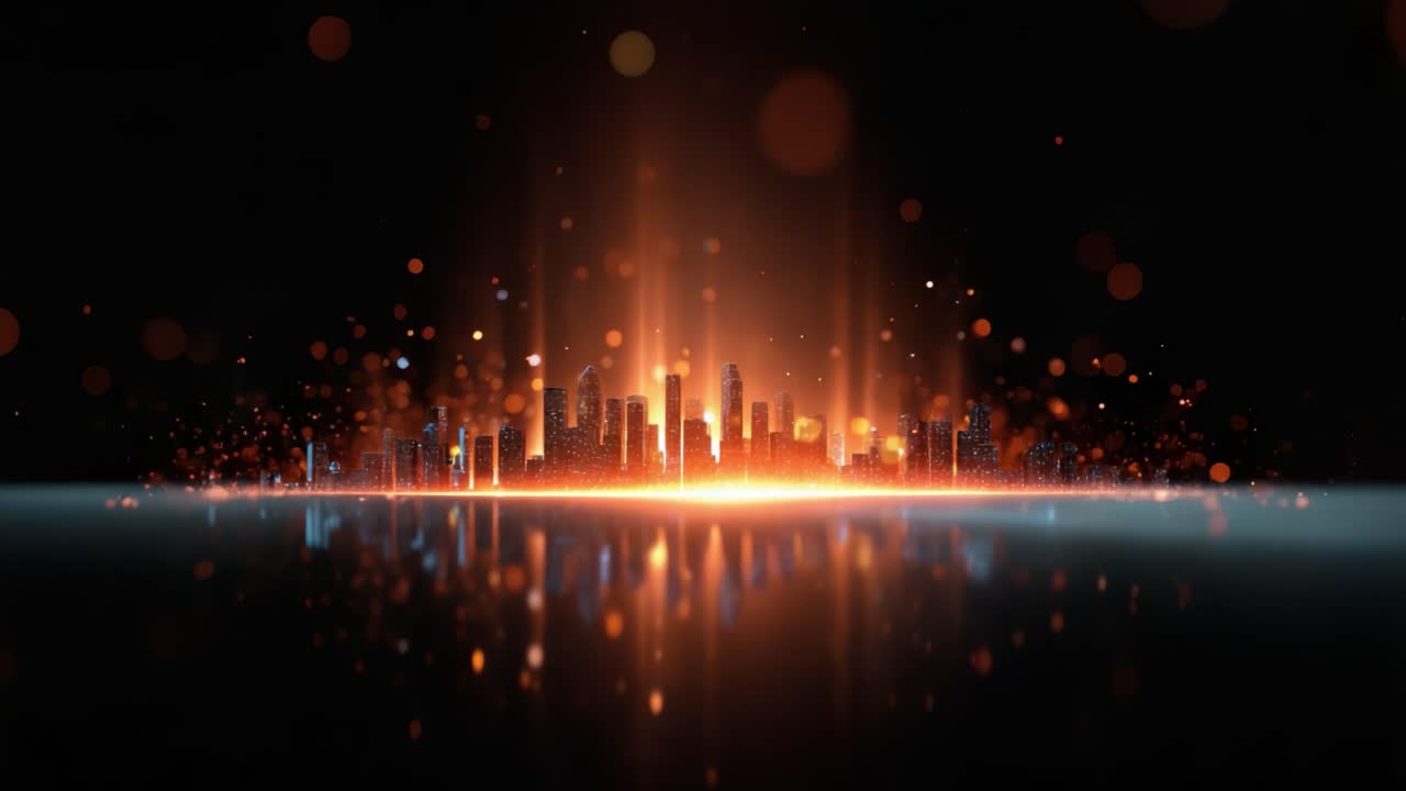 Uma paisagem urbana hipnotizante iluminada por uma luz alaranjada e quente radiante, que se reflete lindamente na superfície abaixo, envolvida por uma atmosfera de encanto