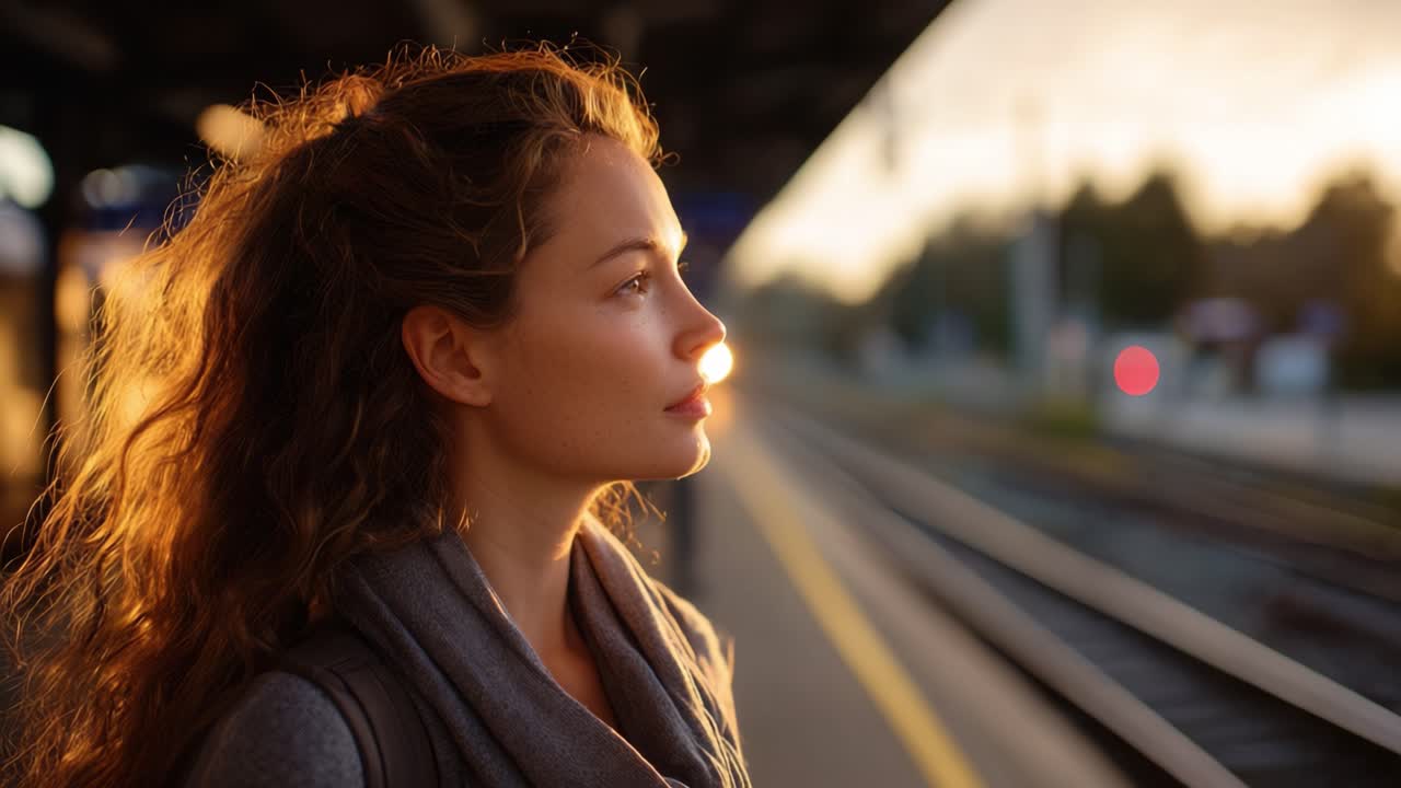 Una donna osserva pensierosa il treno in arrivo, immersa nella calda luce del sole, mentre attende il suo viaggio sulla tranquilla banchina della stazione ferroviaria di sera