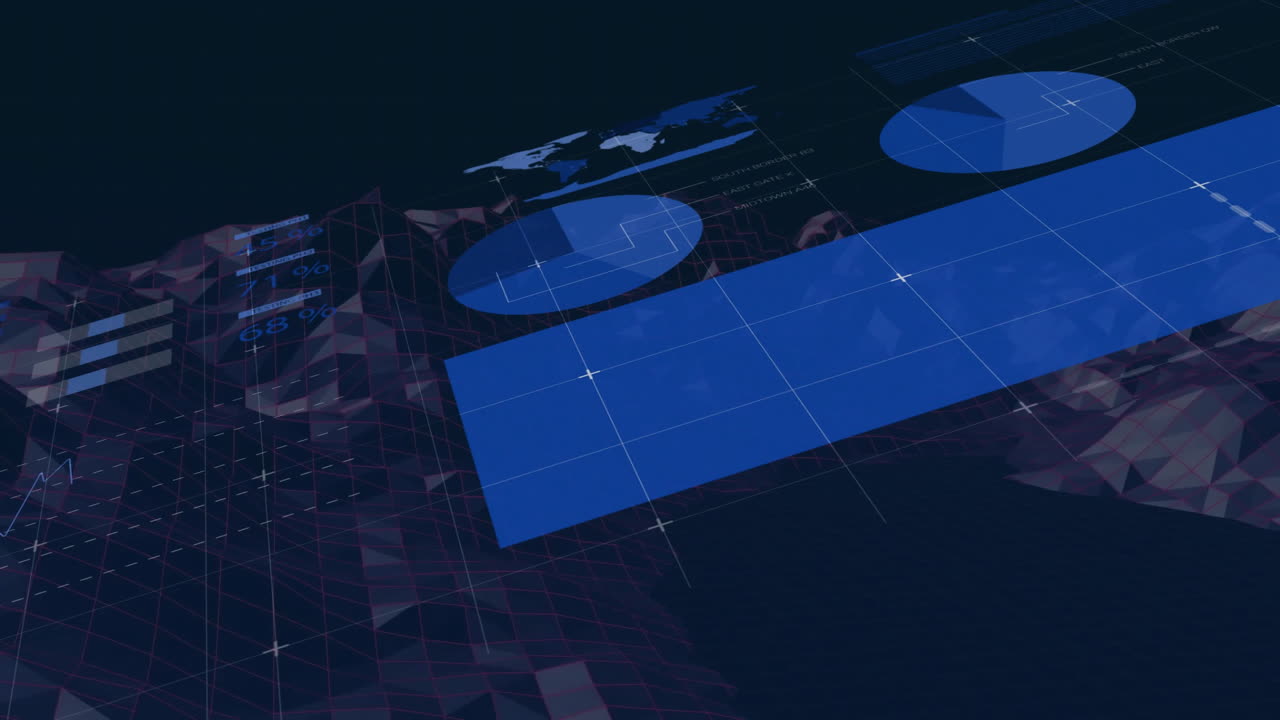Large solid blue panel extending diagonally, revealing dark low-poly mesh with floating pie charts