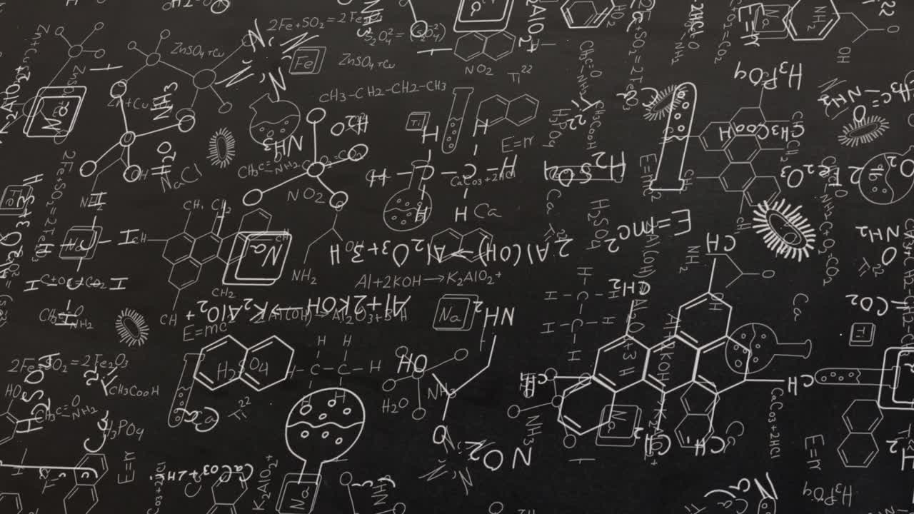 Animation of white structural formulae of chemical compounds on blackboard