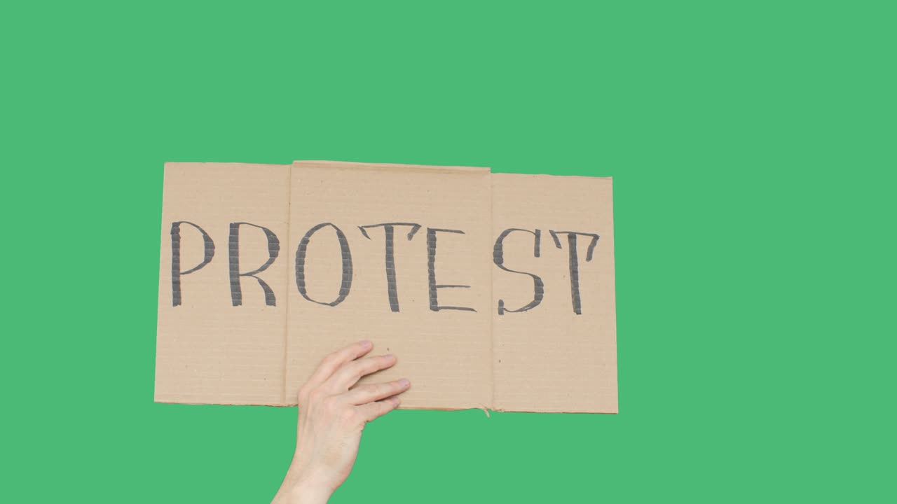 녹색 배경 에 시위 표지판 을 들고 있는 활동가