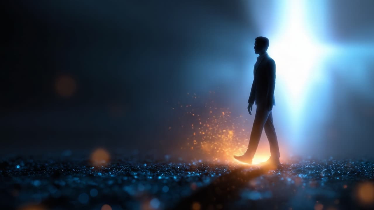 Una figura mística de pie en un espacio enigmático iluminado por una luz brillante y rodeada de partículas parpadeantes, que evoca una sensación de asombro y soledad
