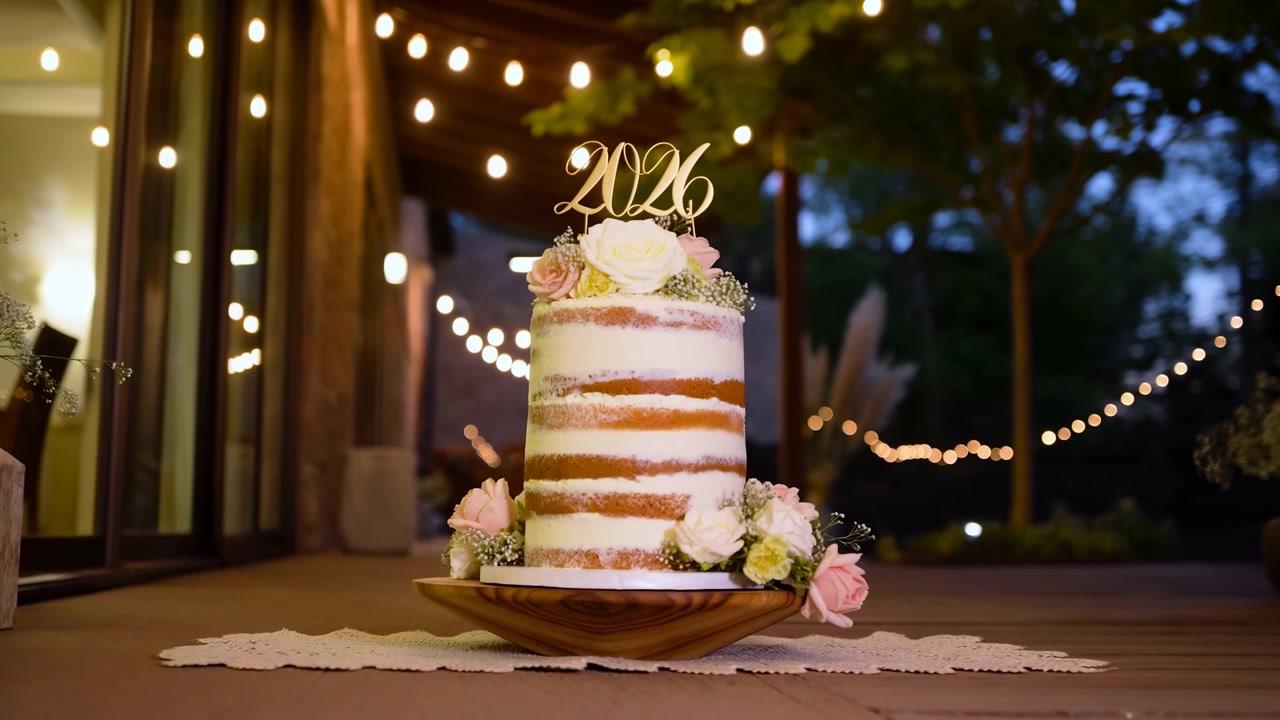 Una torta a strati con una decorazione floreale e un topper 2026 poggia su un tavolo di legno durante una celebrazione all'aperto al crepuscolo.