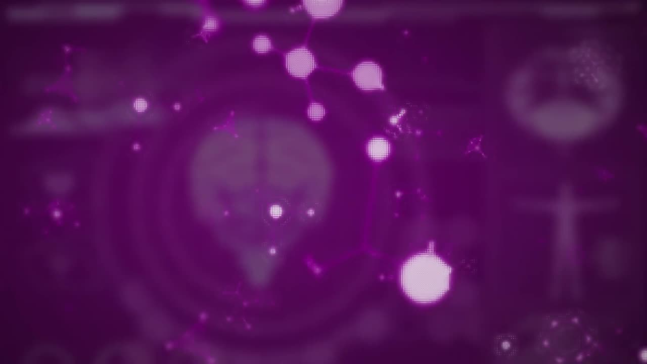 animación de moléculas y elementos químicos flotando sobre el modelo del cerebro humano