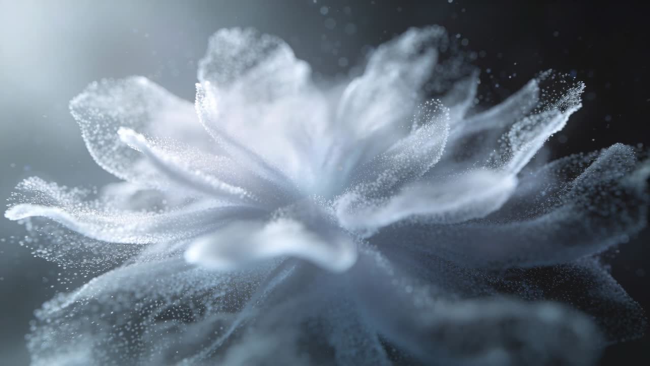 Fioritura di particelle bianche che si schiudono, reagendo a una luce in alto a sinistra, formando petali nell'oscurità, con puntini.