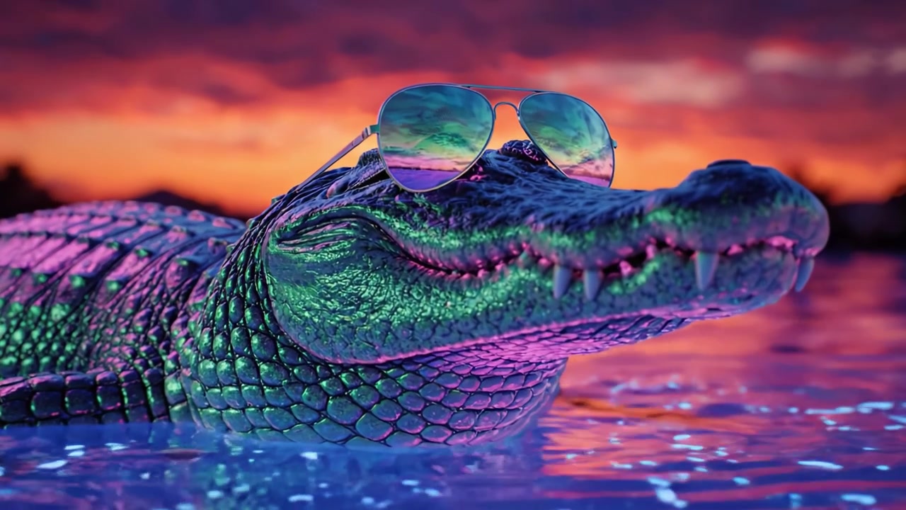 Un alligatore colorato con occhiali da sole alla moda si gode un vivace tramonto sull'acqua, mettendo in mostra la bellezza della natura e un tocco divertente sulla fauna selvatica.