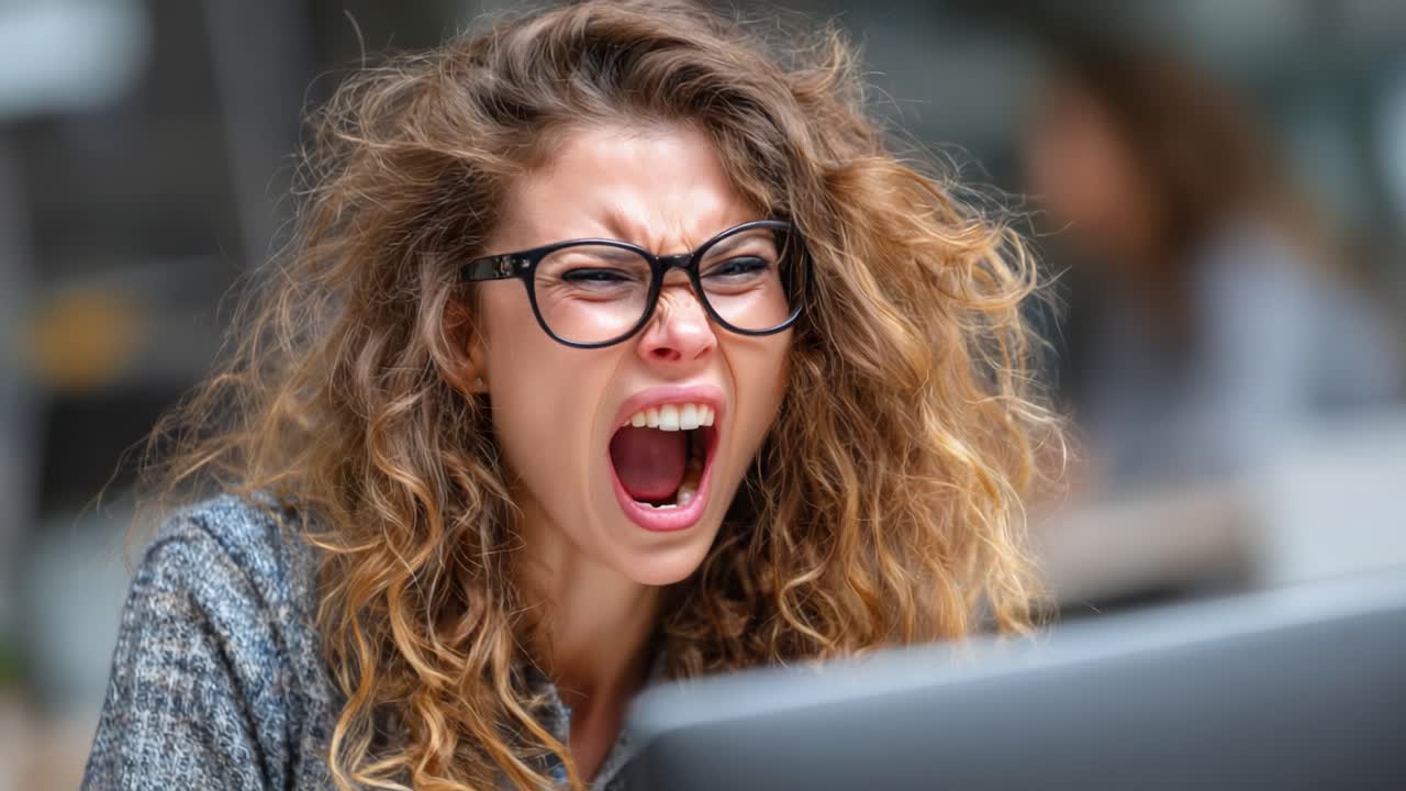 Intense Reactions: A Young Woman Visibly Distressed While Yelling at Her Computer Screen, Capturing a Moment of Frustration and Emotion in a Modern Workspace Setting