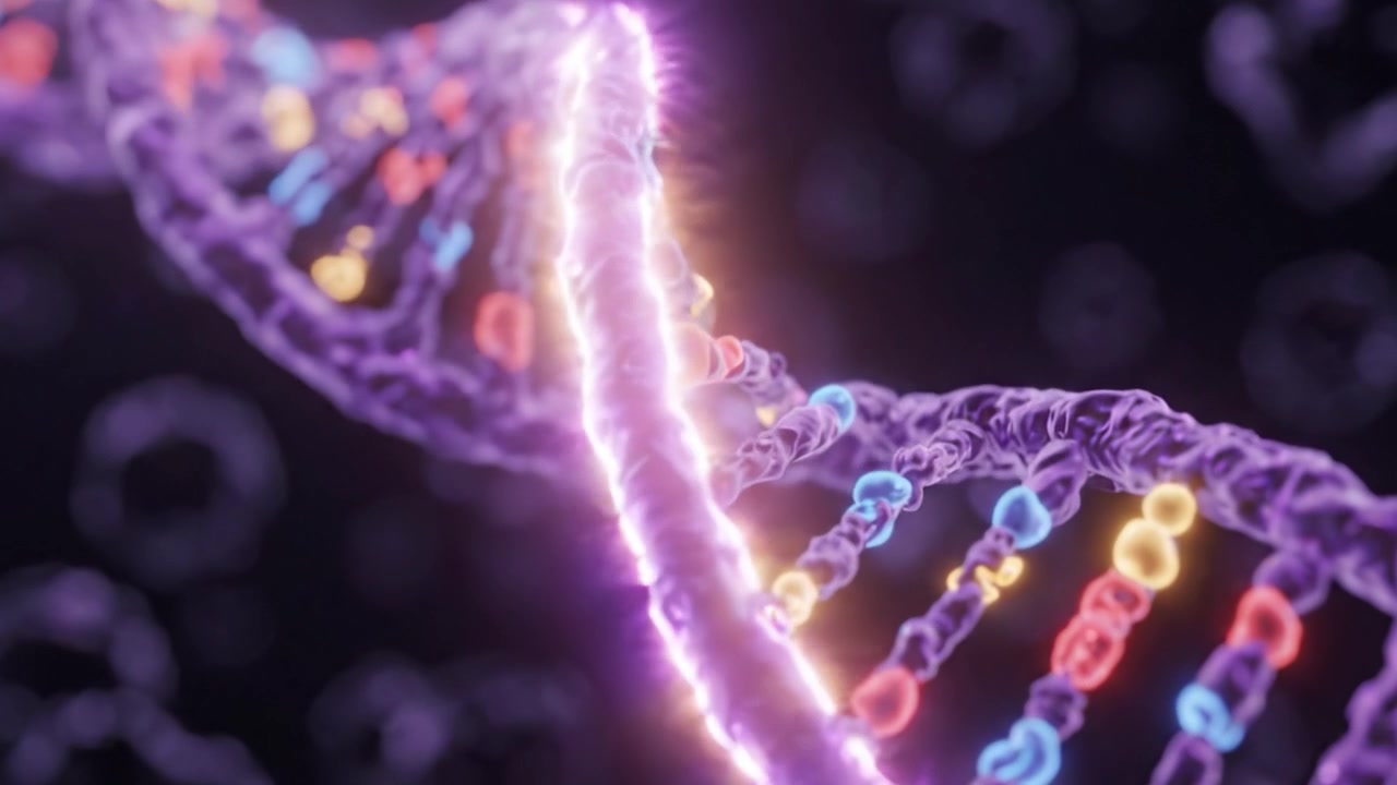 Close-Up Exploration of DNA Structure: Modern Visualization of Genetic Material Showcasing the Twisted Ladder Formation with Colorful Nucleotides
