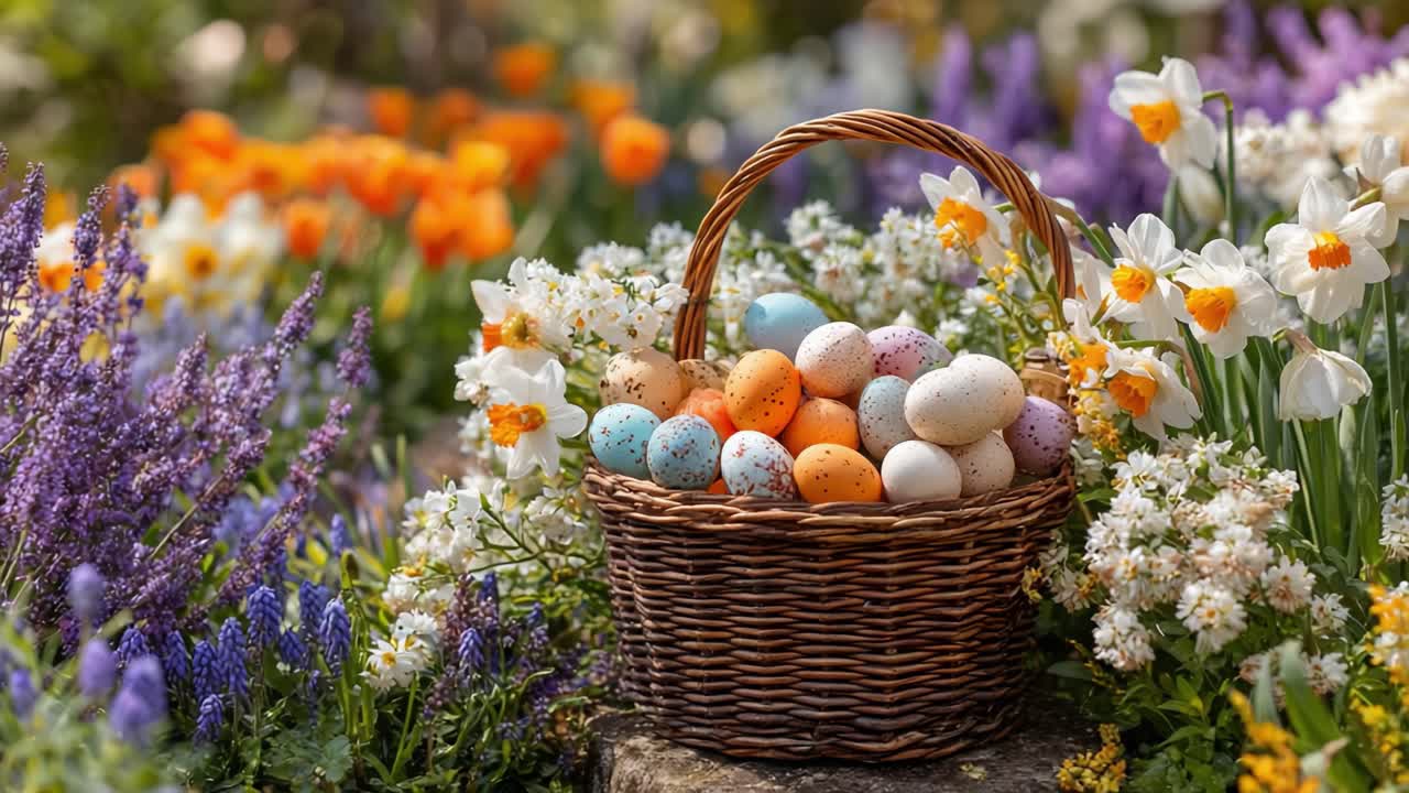 A Beautiful Garden Scene Featuring a Wicker Basket Filled with Colorful Easter Eggs Surrounded by Vibrant Spring Flowers, Celebrating the Joy of Easter