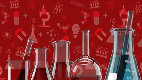 múltiples vasos de laboratorio contra los iconos del concepto científico en el fondo negro rojo