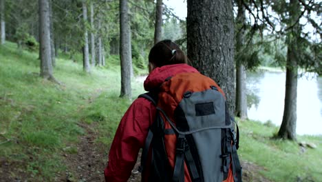 slow motion of a young tourist woman walking in the forest and waiting for the rain.