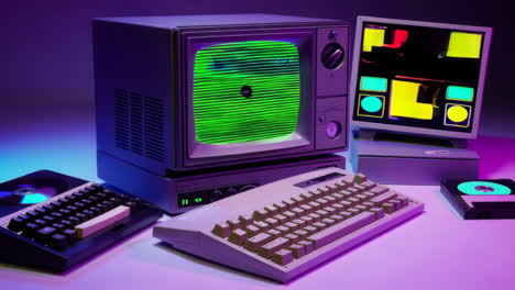 retro computer setup with neon lights and vintage tech