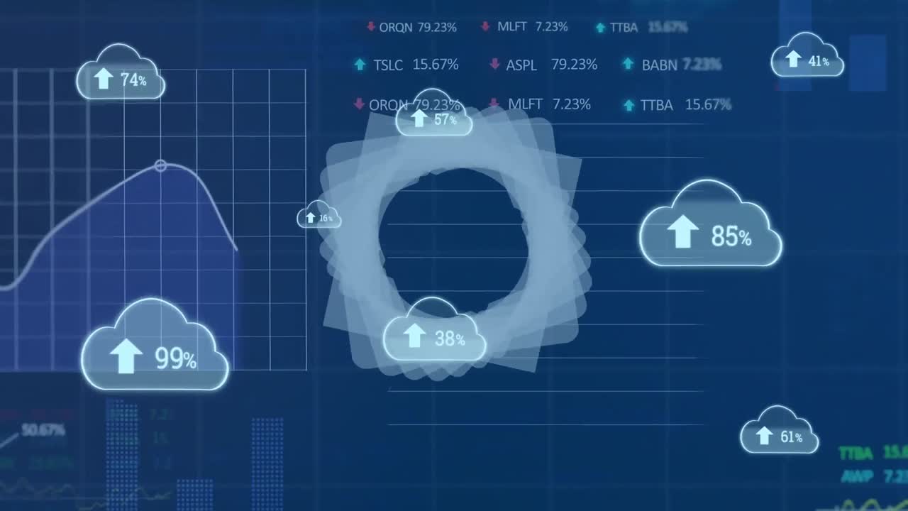 Animation of shapes and data processing on blue background