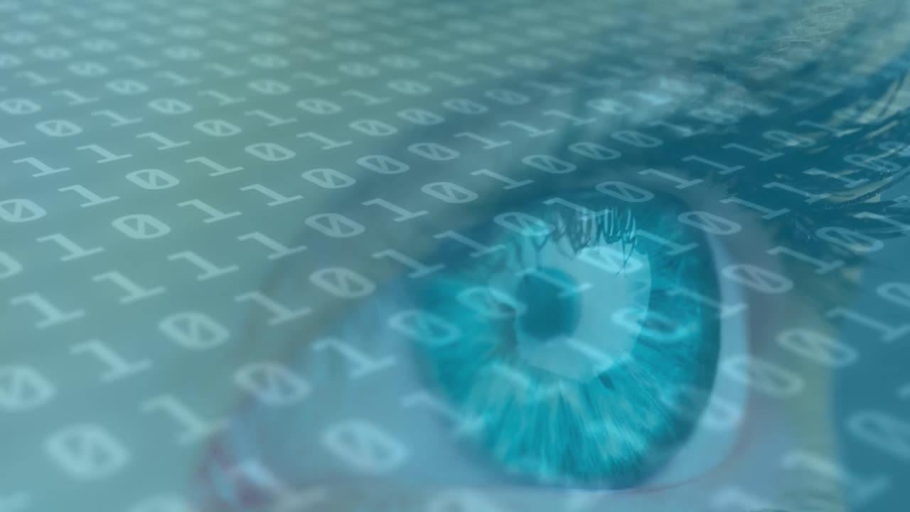 Animation of woman's blue eye with changing white binary numbers