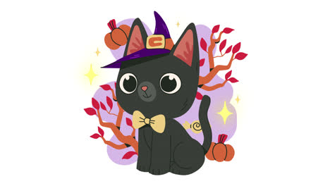 cute black cat with witch hat halloween illustration