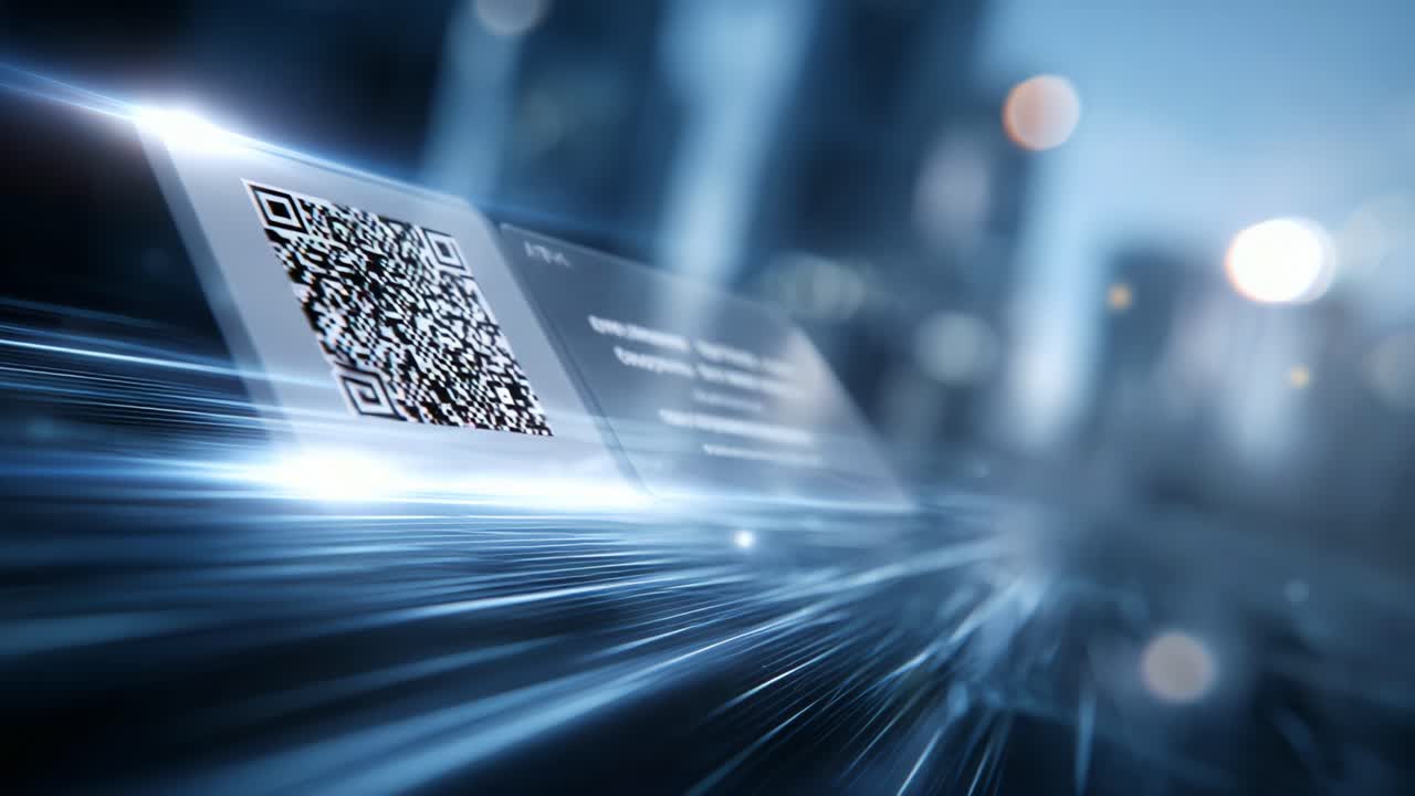 An abstract visualization of a QR code in a dynamic digital environment showcasing speed, futuristic elements, and technology influences creating a sense of motion