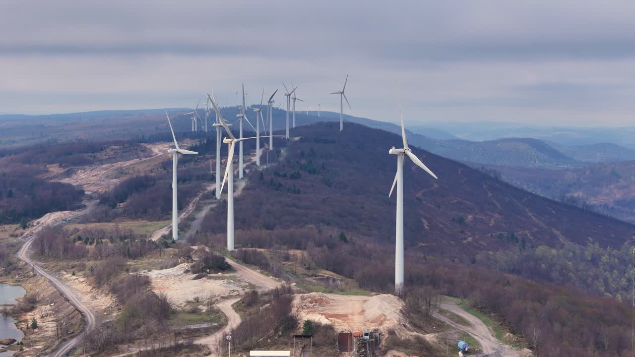 Aerial View of Mountaineer Wind Farm – One Turbine Not Spinning, Thomas, West Virginia, USA