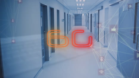 animation of illuminated 6g text and connected icons globes over corridor of office