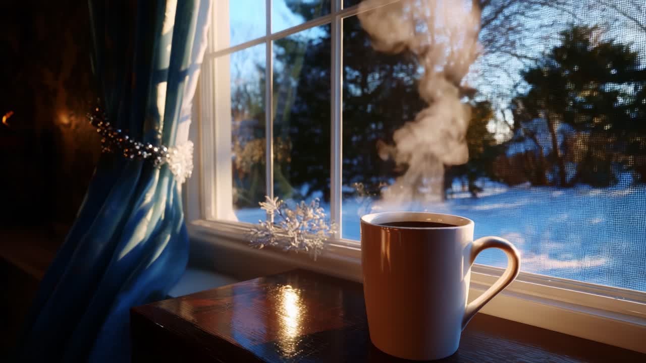 A Cozy Morning Scene Featuring a Steaming Cup of Coffee or Tea Placed on a Wooden Surface, Set Against the Backdrop of a Scenic Winter Landscape Through a Sunlit Window