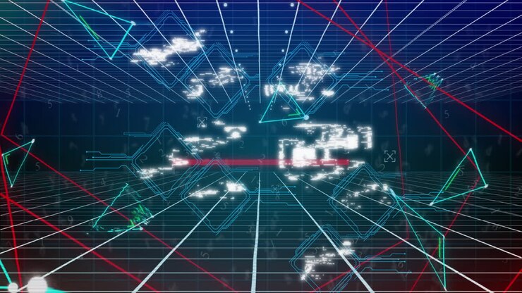Animation of digital icons and plexus networks over grid network on blue background