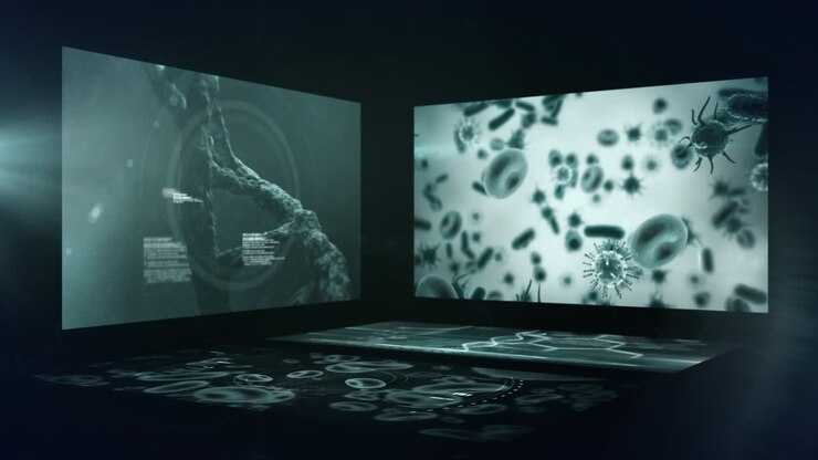 Animation of multiple medical interfaces over lens flares and connected dots on black background
