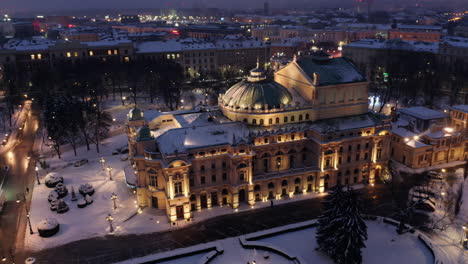 winter in krakow, poland - aerial view of main theater